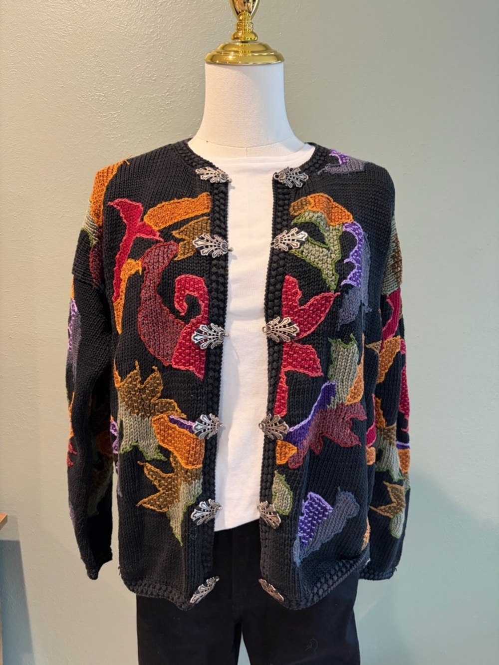 Vintage CAAMANO Black Multicolor Floral Knit Cardigan Sweater